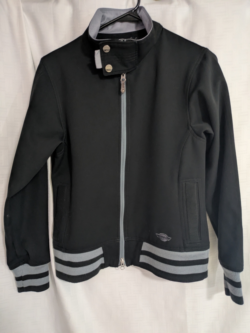 SIMS Women’s Medium Softshell Bomber Jacket Black Grey Ribbed Trim Zip Up Y2K - Picture 1 of 8